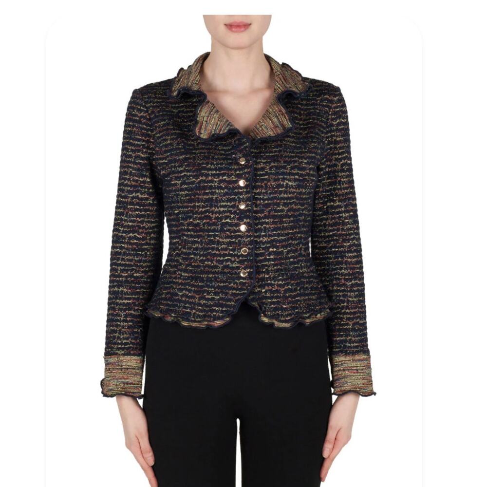 Joseph Ribkoff Ruffled Collar Cropped Jacket Navy Multi Size 6